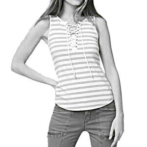 White House Black Market striped lace up gray /white metallic top size XS